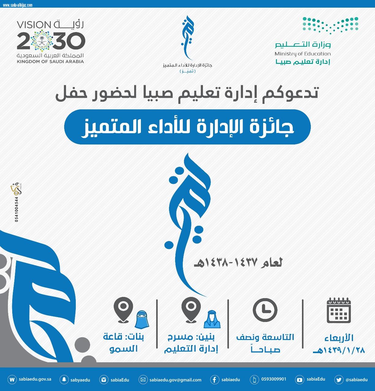 بحضور وكيل أمارة منطقة جازان تعليم صبيا تكرم 130فائز وفائزة في جائزتها للأداء المتميز 