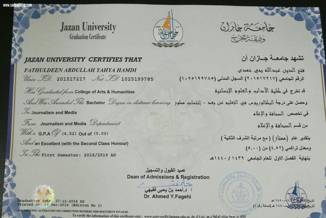 بتقدير ممتاز  فتح الدين حمدي يحصل على البكالوريوس في  الصحافة والإعلام