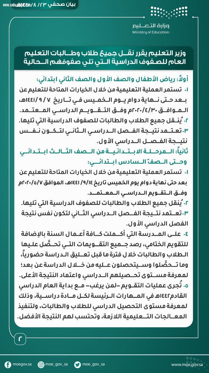 وزارة التعليم تنقل جميع ابنائنا وبناتنا في التعليم العام للصفوف الدراسية التي تلي صفوفهم الحالية مع استمرار عمليات التعلم.