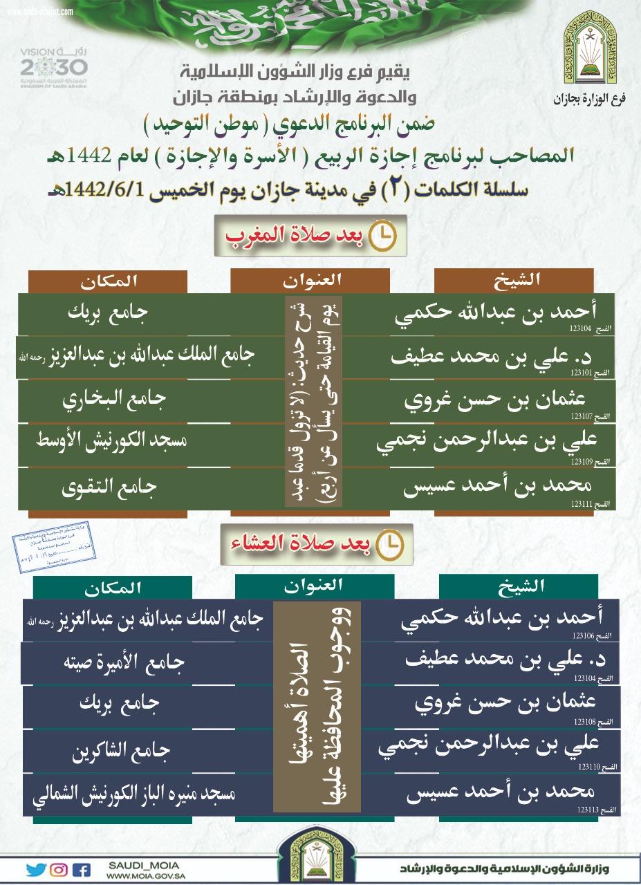 إسلامية جازان تواصل تنفيذ محاضراتها الدعوية لبرنامج  الأسرة والإجازة 