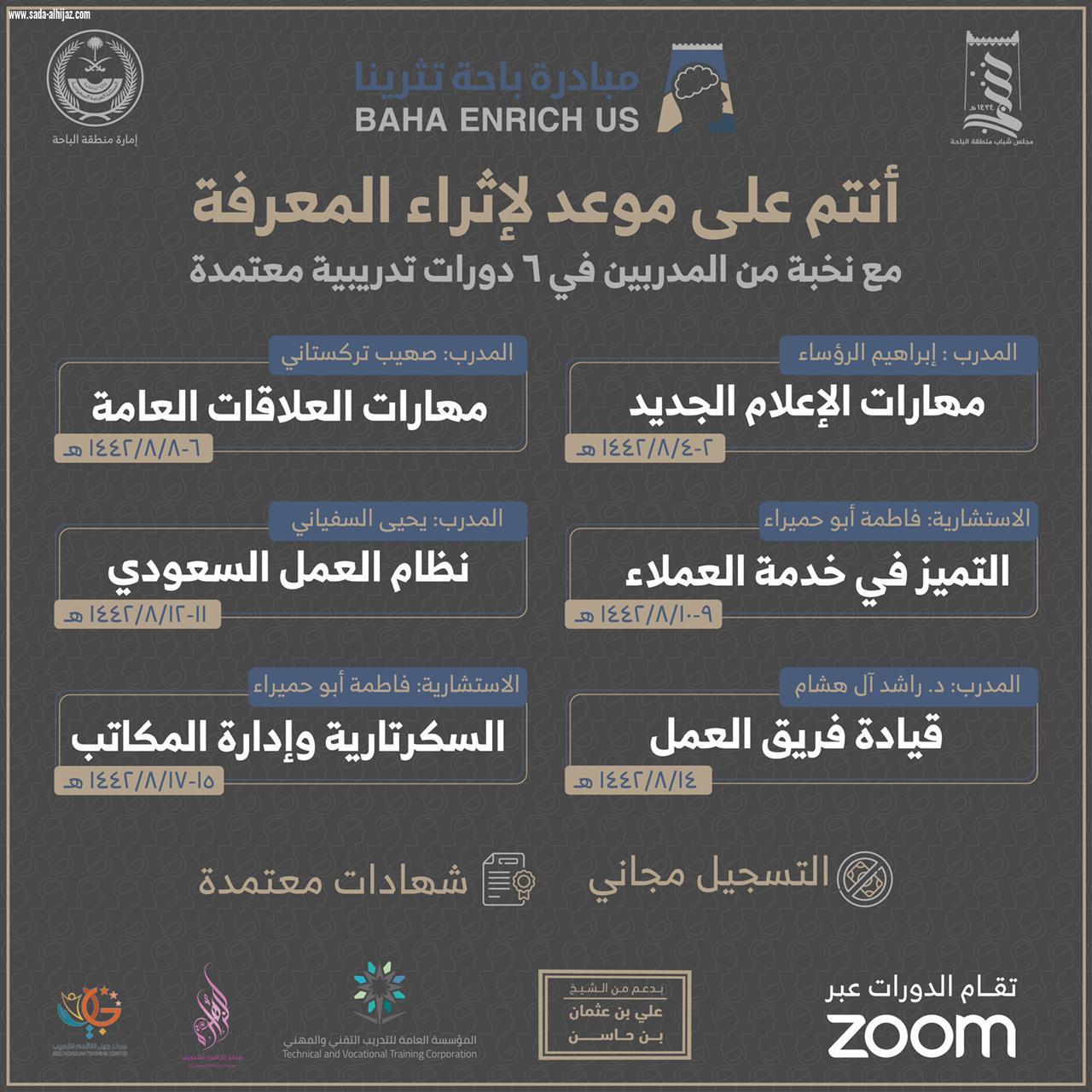 برعاية سمو أمير الباحة وبعدد ٦ دورات متنوعة المجالات امارة منطقة الباحة ممثلة في مجلس شباب المنطقة تعلن انطلاق البرنامج التدريبي المعتمد باحة تثرينا