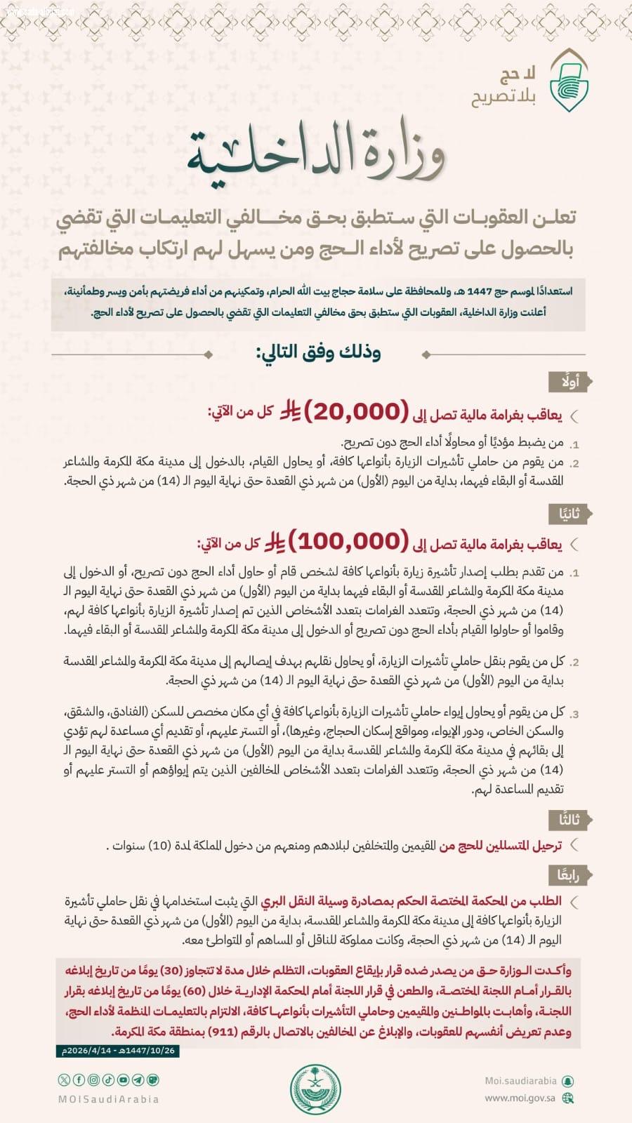غرامة ٢٠الف ريال لمن يحج دون تصريح و١٠٠ الف لمن طلب الزيارة له   