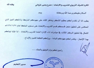 مدير تعليم صبيا يشكر قسم التدريب بمكتب تعليم العيد ابي لحصوله على المركز الثالث على مستوى الوزارة