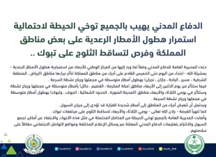 الدفاع المدني يهيب بالجميع توخي الحيطة لاحتمالية استمرار هطول الأمطار الرعدية على بعض مناطق المملكة وفرص لتساقط الثلوج على تبوك 