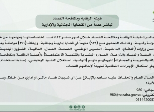 بينهم موظفون بالدفاع والداخلية.. نزاهة: التحقيق مع 639 متهمًا وإيقاف 271 مواطنًا ومقيمًا